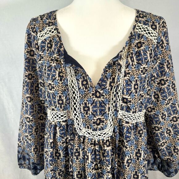 Boutique blue and tan boho peasant dress size medium - Picture 2 of 5